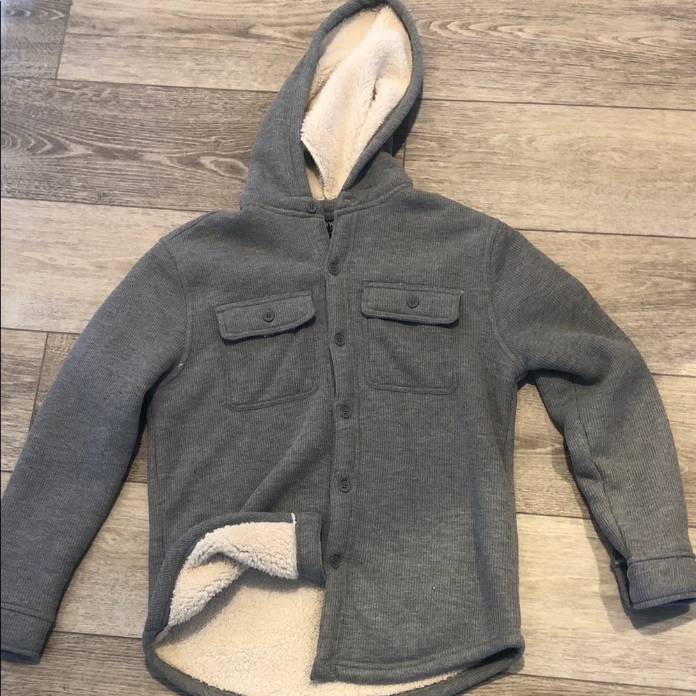 Kids Gray Sherpa-Lined Hooded Button-Up Jacket